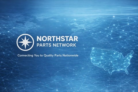 Northstar Parts Network logo with compass symbol on blue digital US map background, tagline Connecting You to Quality Parts Nationwide